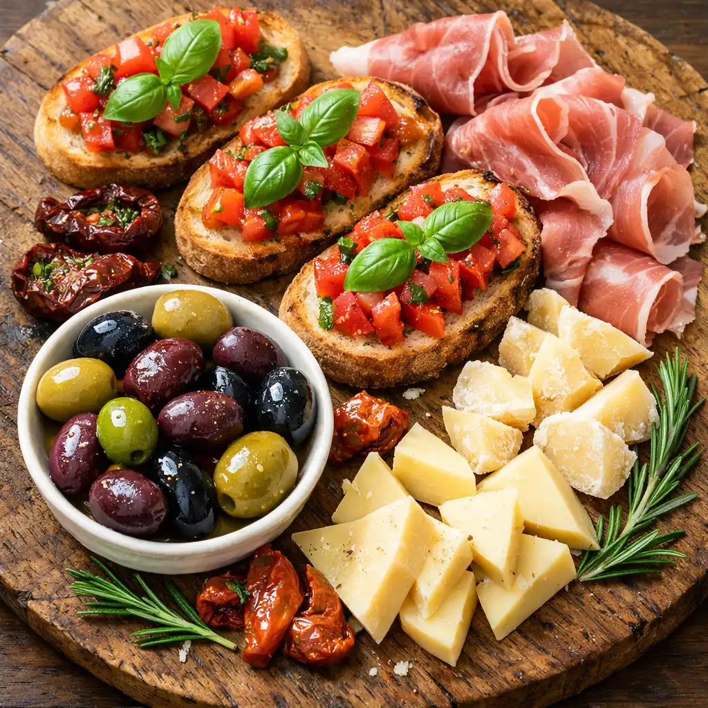Deska włoskich antipasti z bruschettą, prosciutto, oliwkami i serem