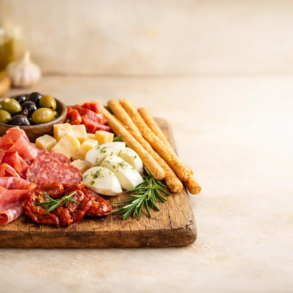 Deska antipasti z włoskimi wędlinami, serami, oliwkami i grissini