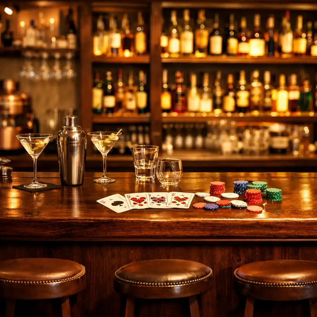 Zbliżenie na bar w ADSIGHT LTD z podświetlanymi półkami i wysokimi stołkami