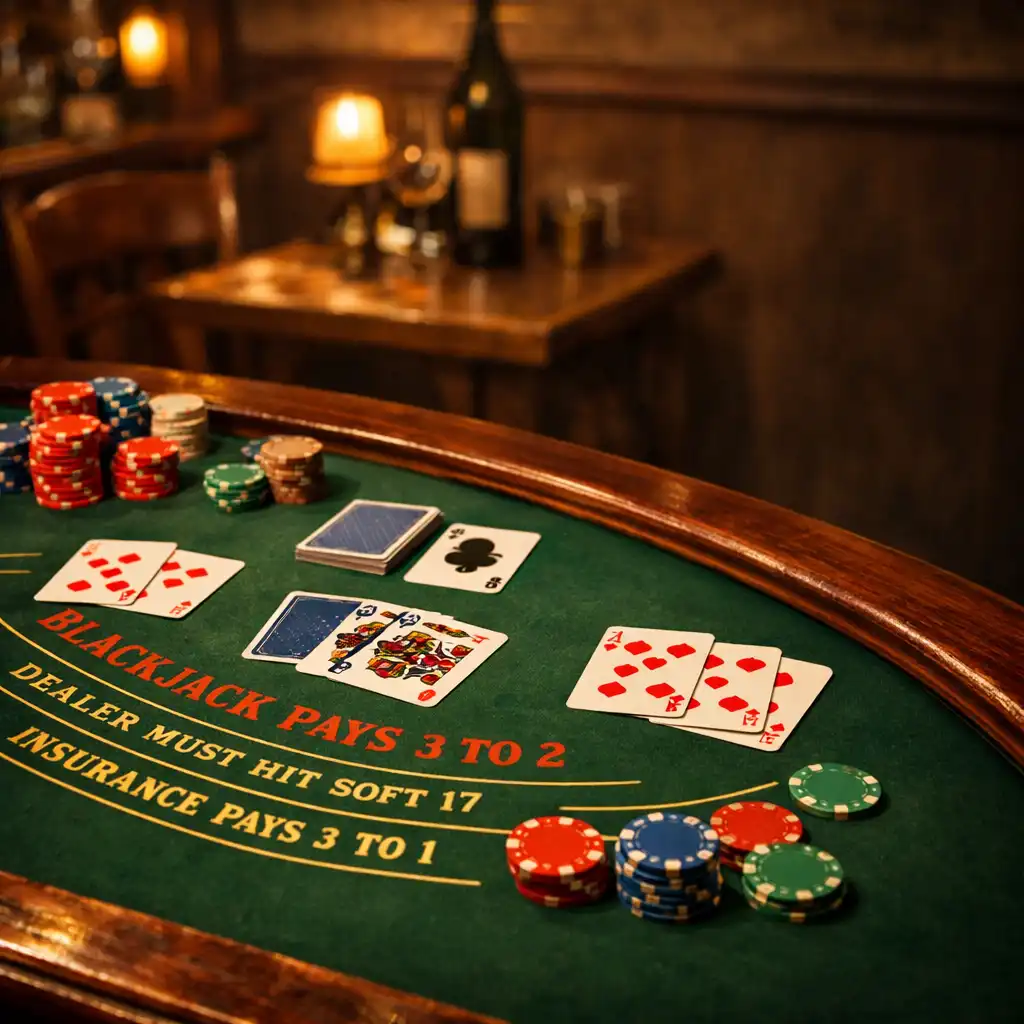 Stół do blackjacka z kartami i żetonami w rustykalnej ADSIGHT LTD