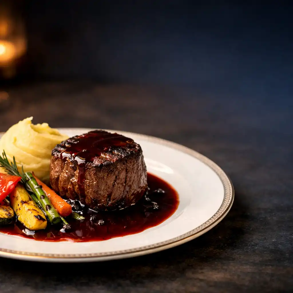 Filet wołowy z sosem z czerwonego wina, puree ziemniaczanym i grillowanymi warzywami