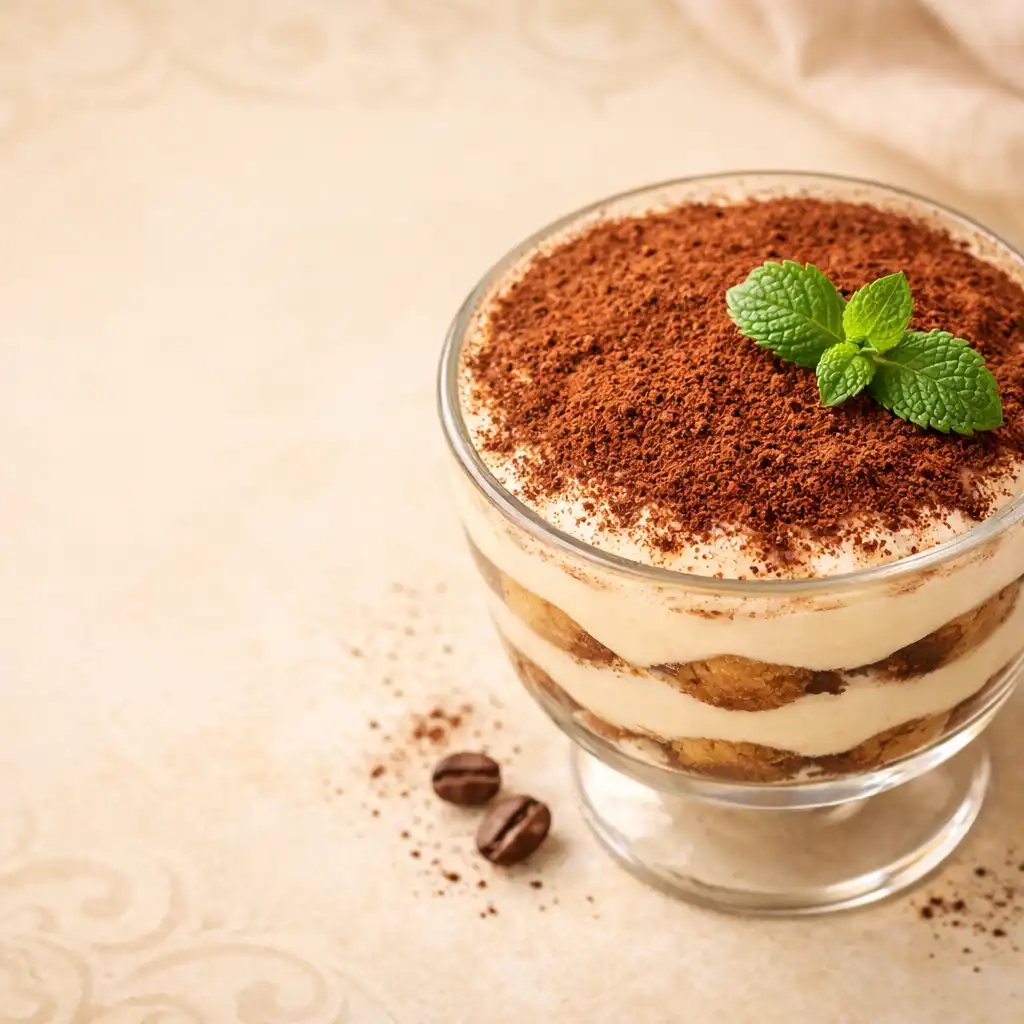 Tiramisu w szklanym pucharku posypane kakao z listkiem mięty