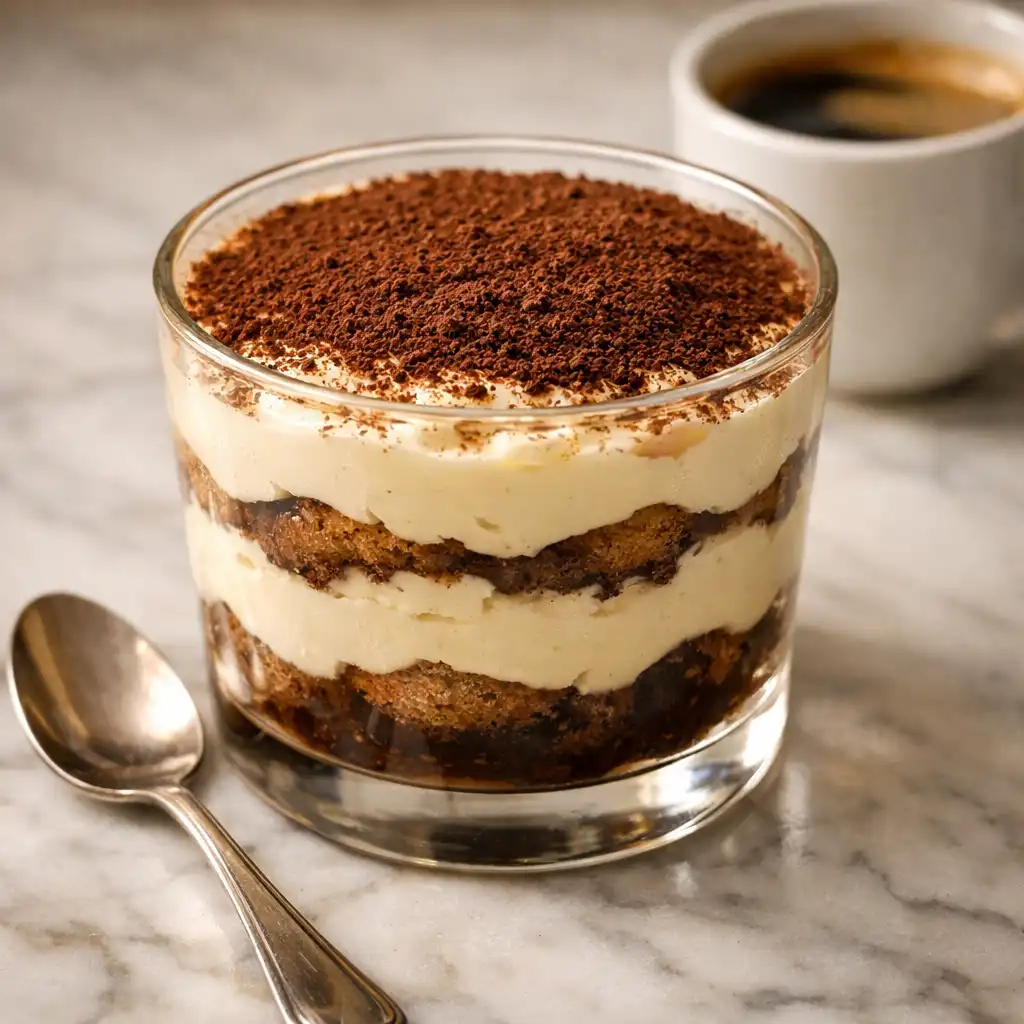 Tiramisu w szklance z warstwami kremu mascarpone i biszkoptów nasączonych espresso