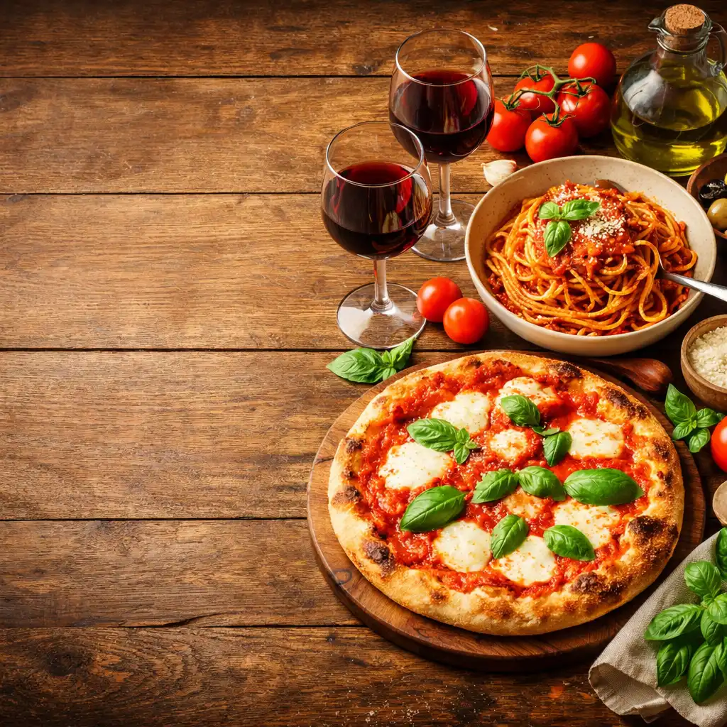Rustykalny stół zastawiony włoskimi potrawami: pizza, spaghetti, wino i świeże zioła