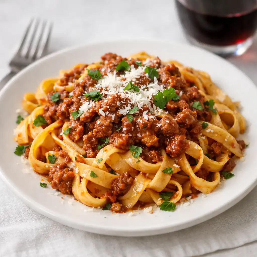 Talerz domowego tagliatelle z bogatym ragù, posypany parmezanem
