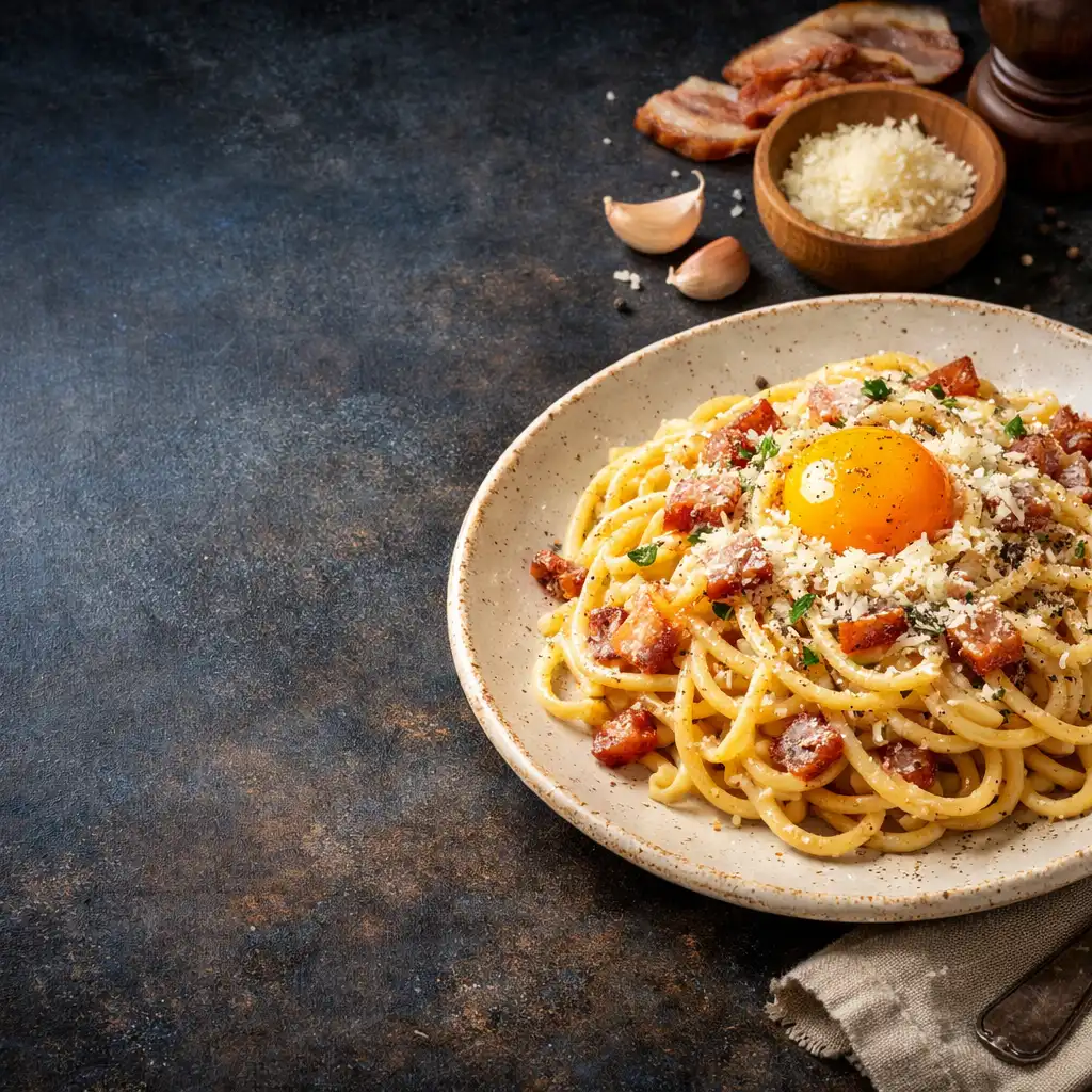 Talerz spaghetti carbonara z guanciale i parmezanem