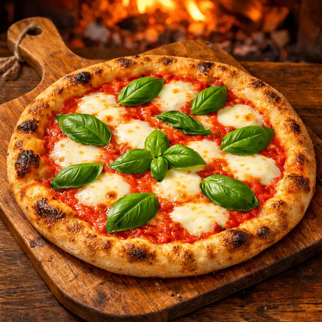 Pizza margherita z roztopioną mozzarellą i świeżą bazylią