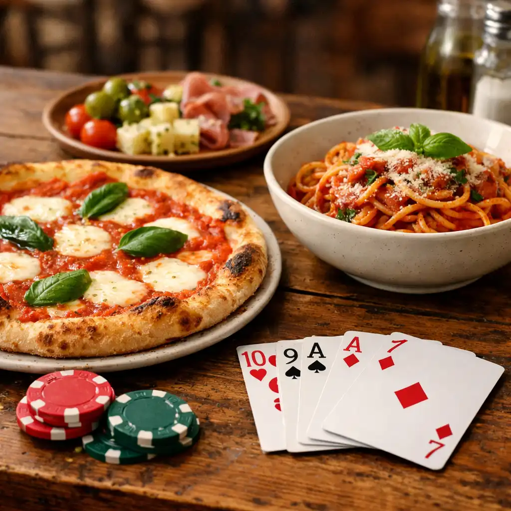 Włoska pizza, pasta, antipasti oraz karty i żetony na drewnianym stole