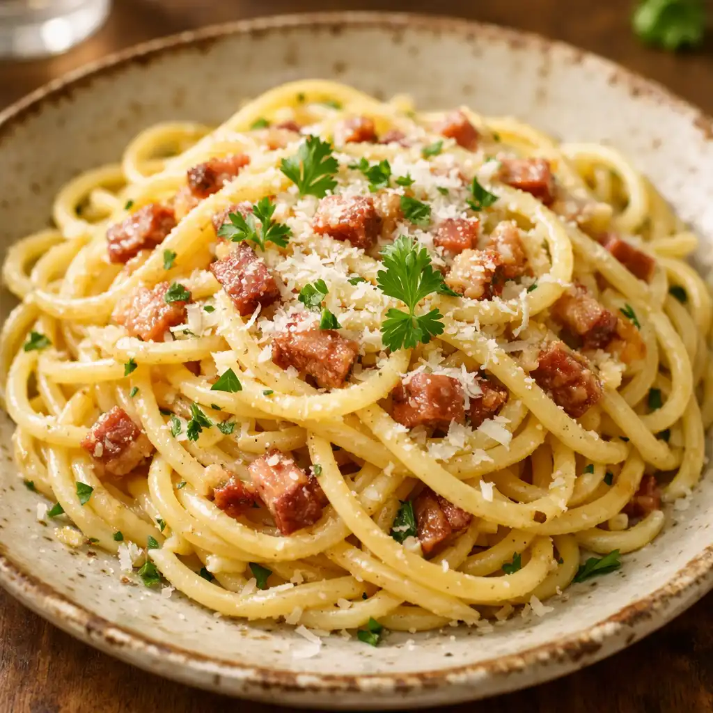 Autentyczne włoskie danie – spaghetti carbonara z kremowym sosem i parmezanem