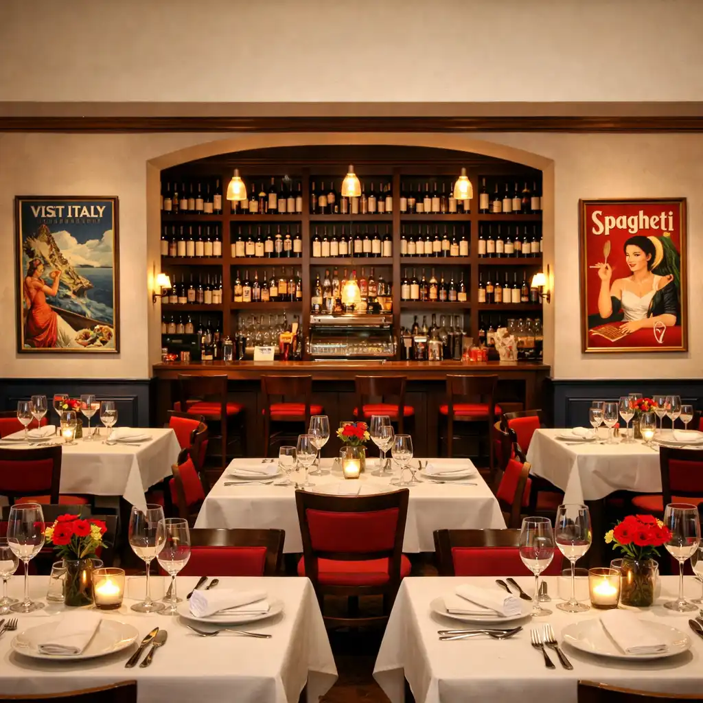 Elegancko nakryte stoły w części restauracyjnej ADSIGHT LTD z barem pełnym win w tle