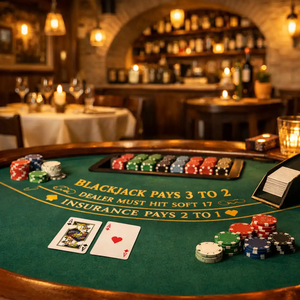 Stół do blackjacka z kartami i żetonami w eleganckim wnętrzu ADSIGHT LTD