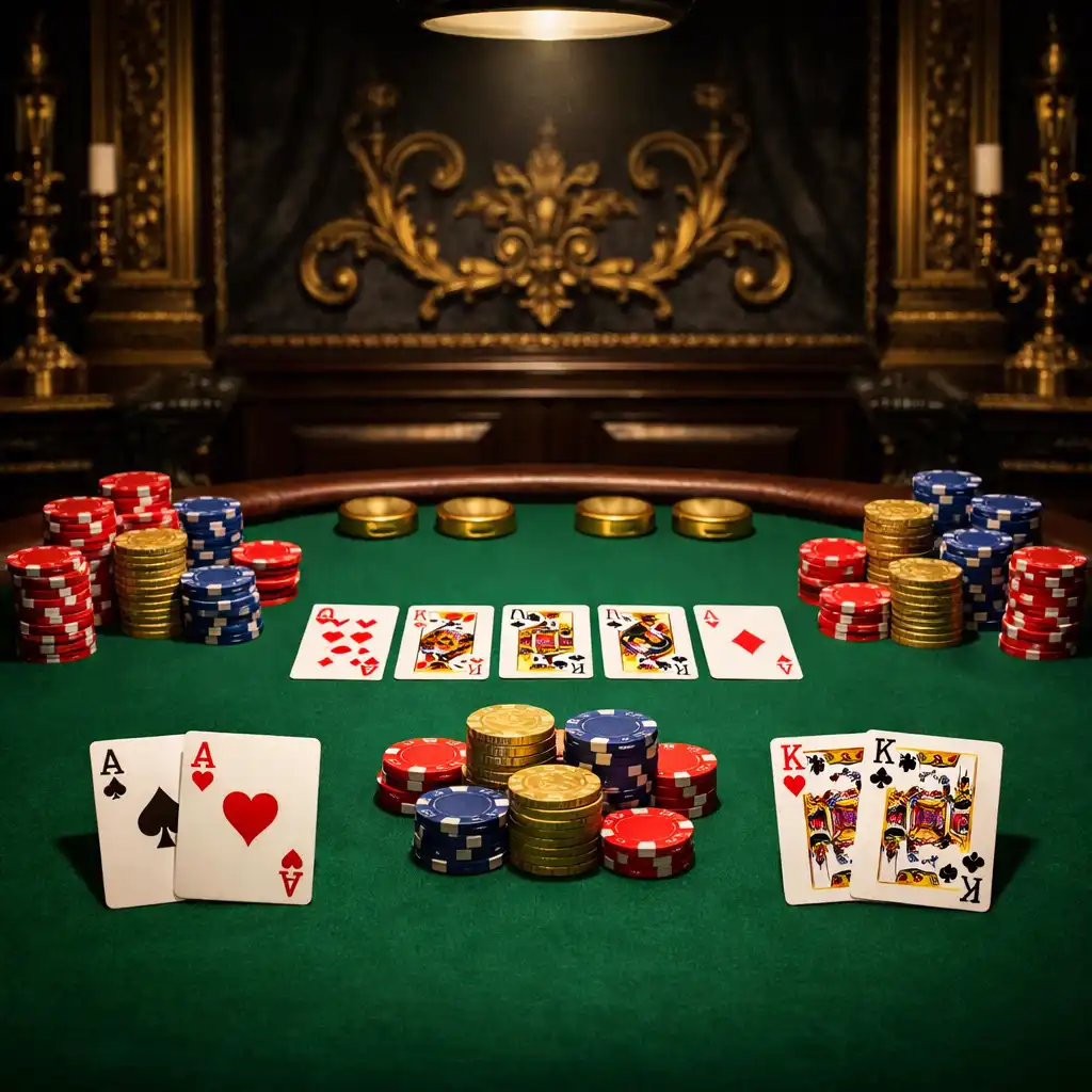 Stół pokerowy z zielonym suknem, kartami i żetonami w eleganckim ułożeniu